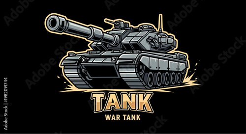 Illustration of a powerful, modern military battle tank with a large cannon, depicted in action with dust and debris kicking up from its tracks.