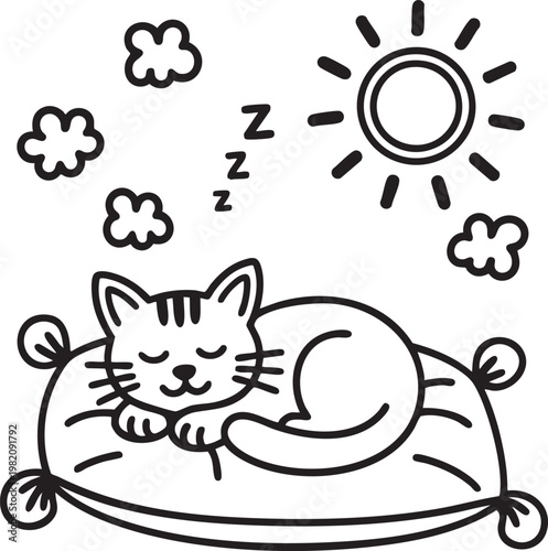 Minimal black and white vector sleeping cat silhouette curled on pillow with peaceful nap design for cute animal illustration background