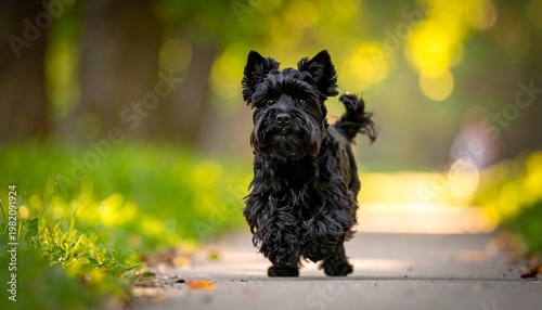 Small, black, fluffy dog walking on a path in a vibrant green and yellow blurred forest scene