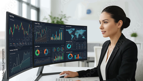 Focused businesswoman interpreting complex analytics dashboards on a multi-monitor workstation, driving informed business strategies and insights