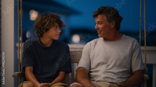 Father and teenage son sitting in silence on a porch swing at twilight blue hour, neither speaking but shoulders touching, spring fireflies emerging, perfect for intergenerational bonding, grief, an