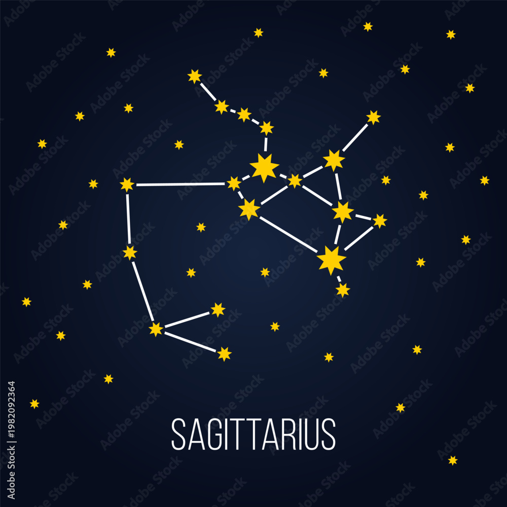 Fototapeta premium sagittarius zodiac constellation sign, astrology vector symbol on dark blue background