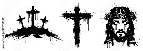 Christian religious icons featuring Jesus and holy crosses in grunge ink splatter style