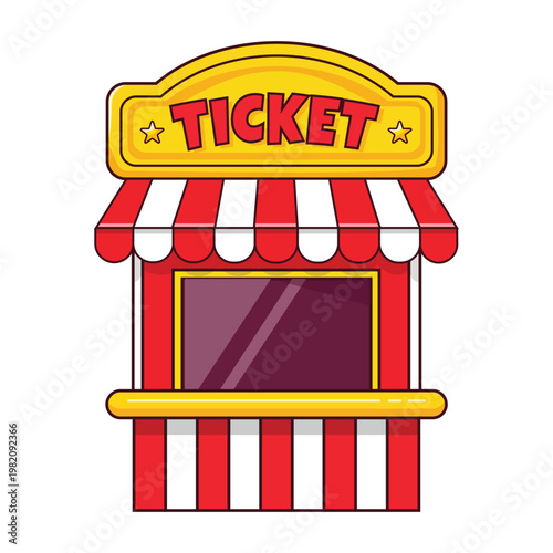 Retro red and white striped ticket booth stand flat vector illustration