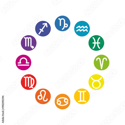 12 zodiac signs wheel, horoscope cycle symbols, astrological round rainbow colors icons, aries, taurus, gemini, cancer, leo, virgo, libra, scorpio, capricorn, aquarius, pisces