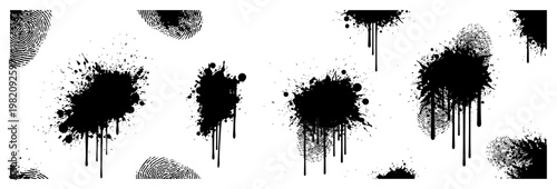 Messy ink splatters with fingerprints and paint drips set in grunge style