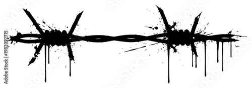 Barbed wire fence with ink splatters and dripping paint in grunge style