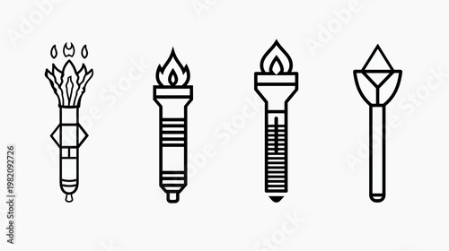 Four icons of torches, each with a unique design, black outlines, on a white background