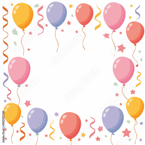 A festive scene with balloons, ribbons, and stars floating in the air.