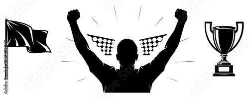 Champion athlete celebrating victory with trophy and cheering fans in bold graphic style