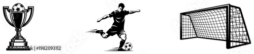 Football player kicking ball with championship trophy cup and soccer goal in dynamic line art style