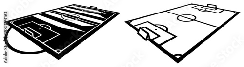 Soccer field perspective view in minimalist black and white silhouette style