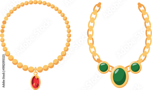 Gold necklace set with gemstone pendant, luxury jewelry accessories collection, elegant fashion vector illustration