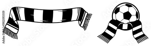 Striped fan scarf and soccer ball accessories in sports merchandise silhouette style