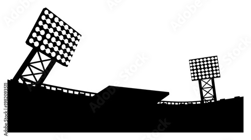 Soccer stadium arena silhouette with tall floodlight towers in sports night view style