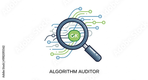 Magnifying glass over a green apple with circuit board lines.
