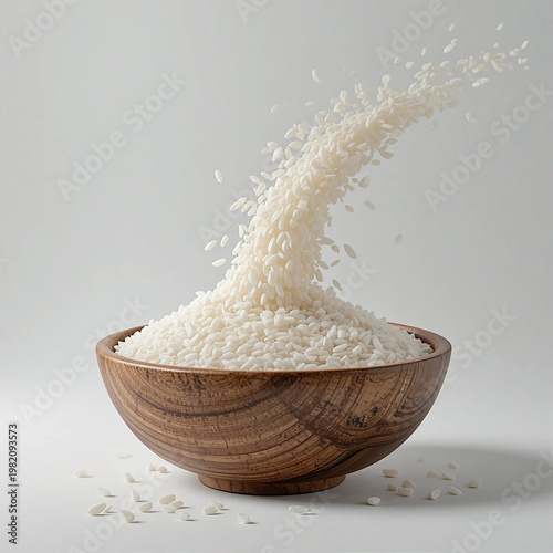 white rice pouring into wooden bowl on white background  