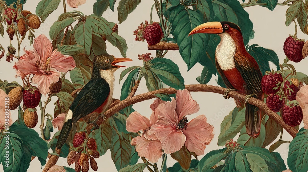 Naklejka premium Birds with big beaks fly on cocoa trees. This drawing is a repeating design for cloth and wallpaper.