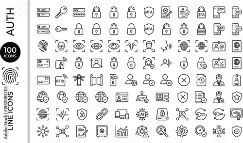 A collection of line icons depicting various authentication and security symbols. AI, eps, png, jpg. transparent background.