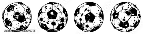 Soccer ball set with distressed grunge ink splatters and paint stains style