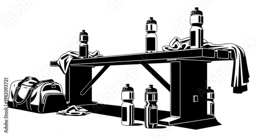 Dressing room locker bench with sports bag and water bottles in detailed line art style