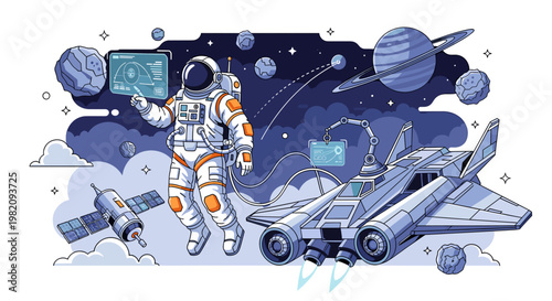 An astronaut in a spacesuit interacts with a holographic interface, with a futuristic spaceship and celestial bodies in the background.