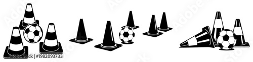 Soccer ball and training cones for sports practice in minimalist style