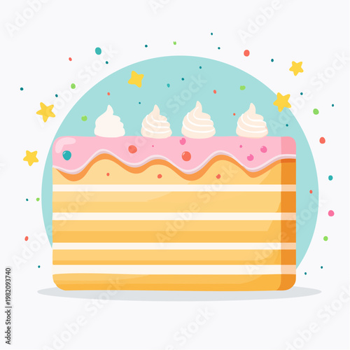 A slice of cake with pink icing and colorful decorations is displayed.