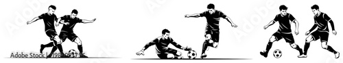Football players in action during match with tackling and dribbling in silhouette style