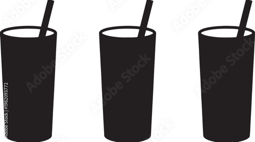 A vector illustration of a cold glass of cola and a set of soda drinks with a straw and ice in disposable paper and plastic cups isolated on a white background beverage icon