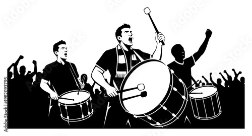 Football fans with drums cheering in stadium crowd in high contrast silhouette style