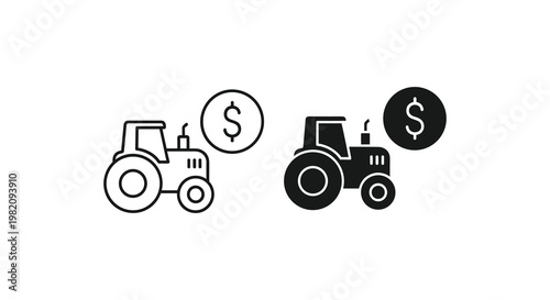 Tractor icons, money symbols, agricultural finance, black and white line art