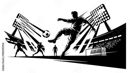 Professional soccer match in a stadium under bright floodlights in dynamic silhouette style