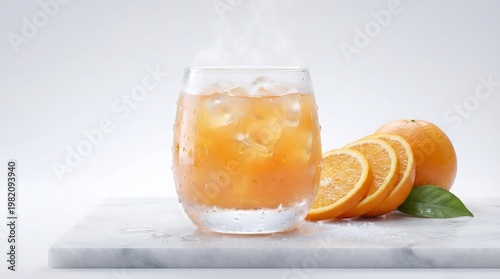 Es Jus Jeruk dengan Uap Dingin dan Irisan Buah Segar