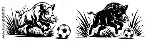 Wild boar running through tall grass playing soccer with a ball silhouette style