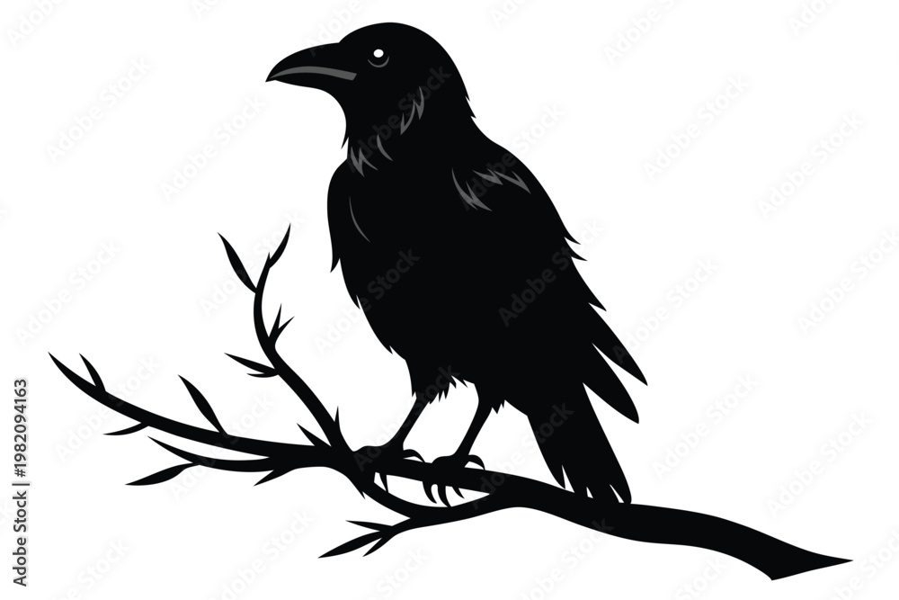 Obraz premium crow setting on a branch silhouette line art vector illustration with a white background