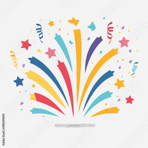 Vibrant colorful fireworks explode in the air with festive confetti and stars.