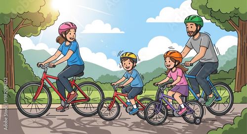 Happy family riding bicycles together on a sunny day.