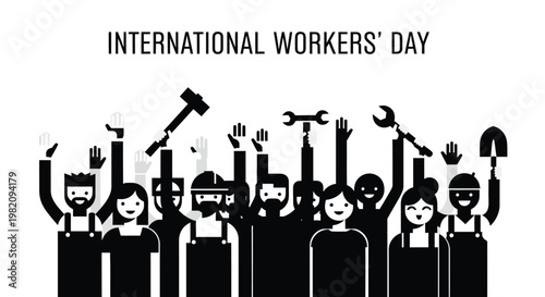 International workers day illustration with tools and raised hands