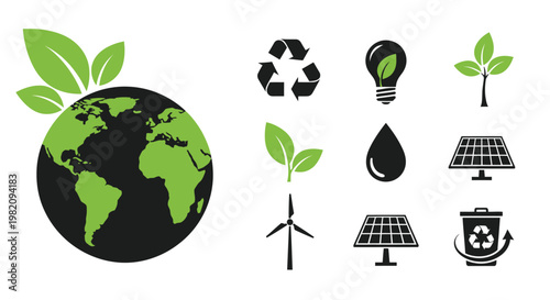 Green energy and environmental conservation symbols illustrating a sustainable future