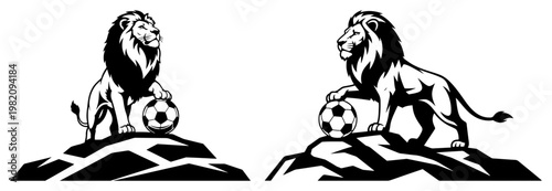 Lion standing on mountain rock with soccer ball under paw in mascot line art style