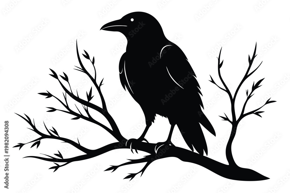 Naklejka premium crow setting on a branch silhouette line art vector illustration with a white background
