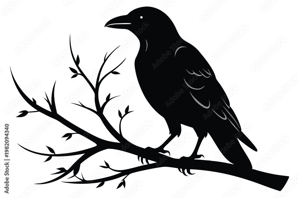 Naklejka premium crow setting on a branch silhouette line art vector illustration with a white background