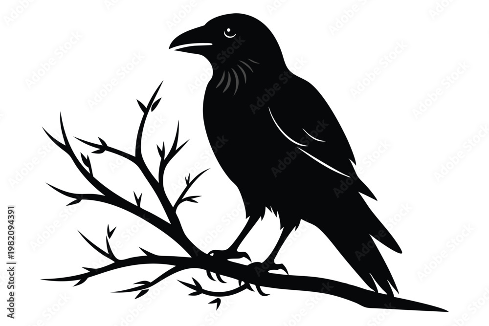 Naklejka premium crow setting on a branch silhouette line art vector illustration with a white background