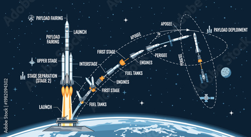 Diagram illustrating the multi-stage process of a rocket launch, from liftoff to payload deployment in Earth orbit.