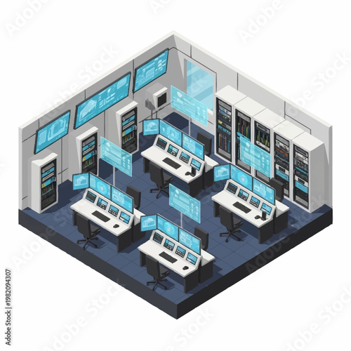 Isometric view of a modern data center control room with multiple computer monitors and server racks.