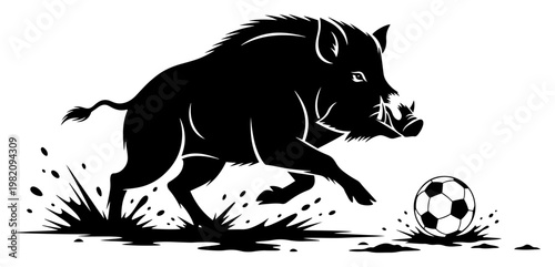 Wild boar running through mud with soccer ball wildlife sports silhouette style