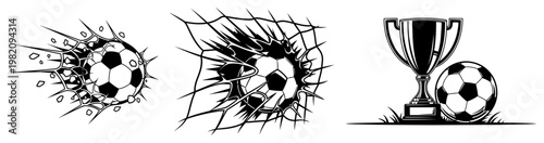 Soccer ball hitting goal net and winner trophy cup sports sketch style