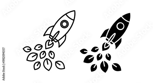 Rocket launch icons, space shuttle symbols, black and white vector graphics, launchpad illustrations