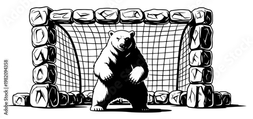 Bear goalkeeper standing in stone soccer goal in bold graphic style